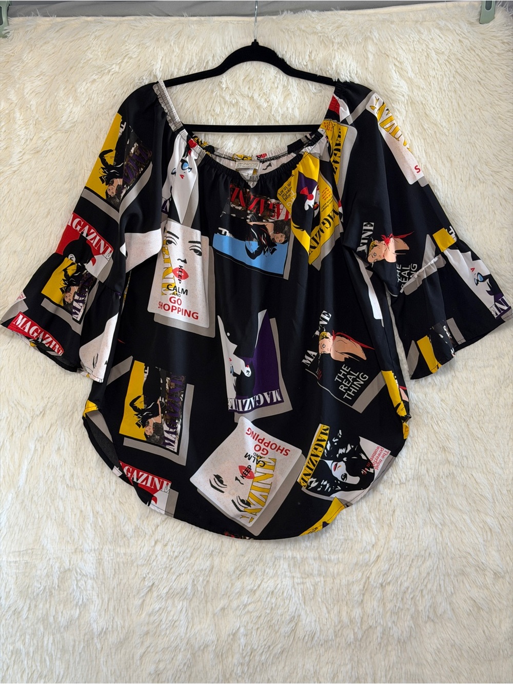 Espressa Womens Boho Pop Art Off the Shoulder Top 2XL Black Multi Maximalist